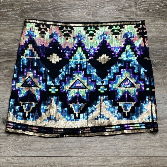 Express Southwestern Tribal Aztec Sequin Embellished Mini Skirt Above Knee XS - Picture 2 of 16